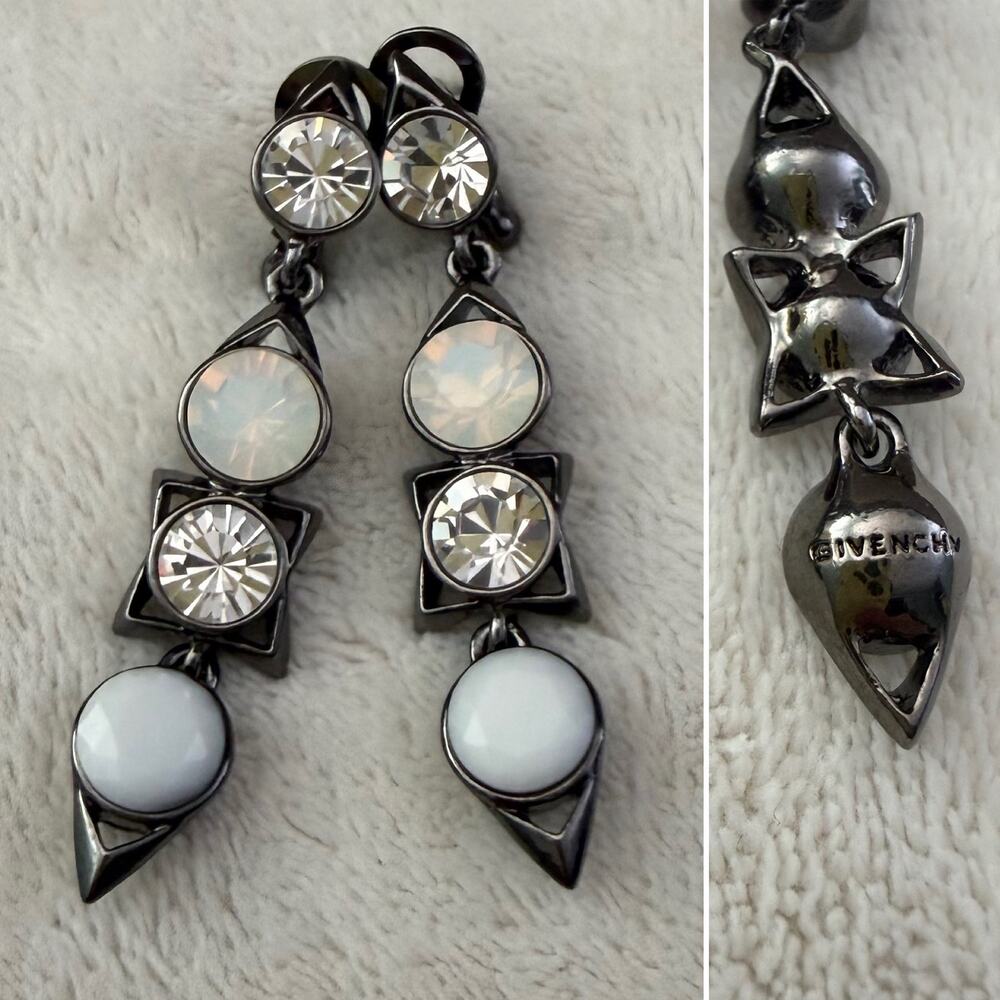 Givenchy Signed Rhinestone Crystal Gunmetal Tone Dangle Drop Earrings